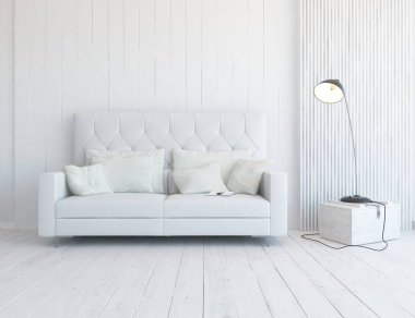 Beyaz minimalist oturma odasının içinde, ahşap zeminde kanepe var. İç kısımları kuzeyli. 3B illüstrasyon