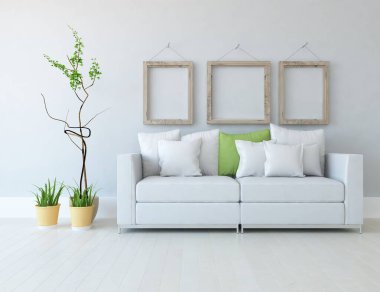 Beyaz minimalist oturma odasının içinde, ahşap zeminde kanepe var. İç kısımları kuzeyli. 3B illüstrasyon