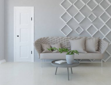 Beyaz minimalist oturma odasının içinde, ahşap zeminde kanepe var. İç kısımları kuzeyli. 3B illüstrasyon