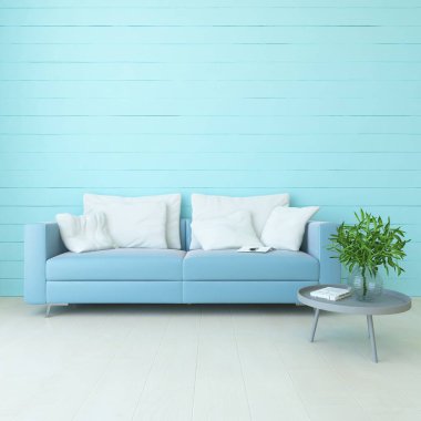 Mavi minimalist bir oturma odası ve ahşap zeminde bir kanepe. İç kısımları kuzeyli. 3B illüstrasyon