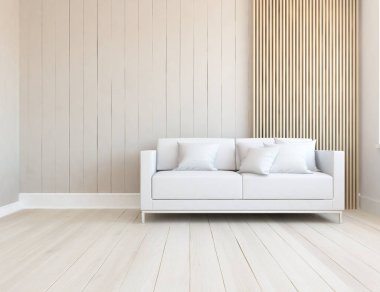 Beyaz minimalist oturma odasının içinde, ahşap zeminde kanepe var. İç kısımları kuzeyli. 3B illüstrasyon