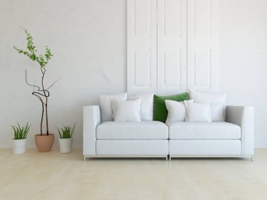 Beyaz minimalist oturma odasının içinde, ahşap zeminde kanepe var. İç kısımları kuzeyli. 3B illüstrasyon