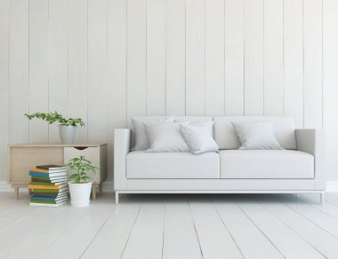 Beyaz minimalist oturma odasının içinde, ahşap zeminde kanepe var. İç kısımları kuzeyli. 3B illüstrasyon