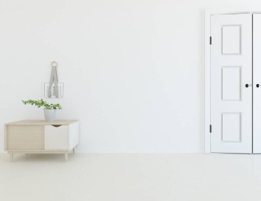 Minimalist, içi ahşap zeminli boş bir oda. İç kısımları kuzeyli. 3B illüstrasyon