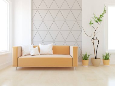 Minimalist bir oturma odası ve ahşap zeminde bir kanepe. İç kısımları kuzeyli. 3B illüstrasyon