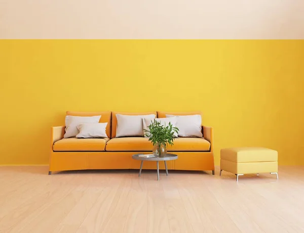 Yellow minimalist living room interior with sofa on a wooden floor. Home nordic interior. 3D illustration