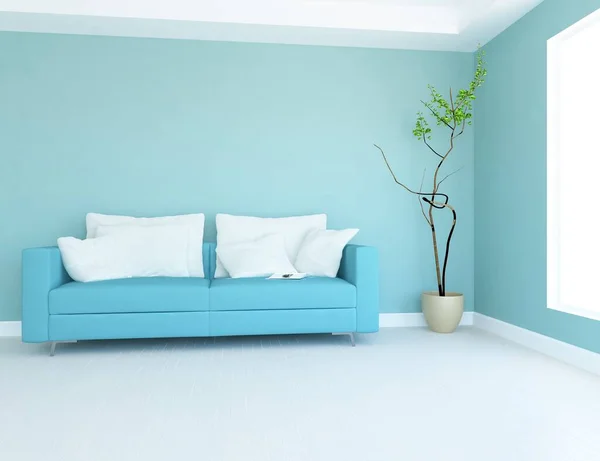 蓝色简约的客厅内部 沙发在木制地板上 家里的北欧内陆 3D插图 图库图片