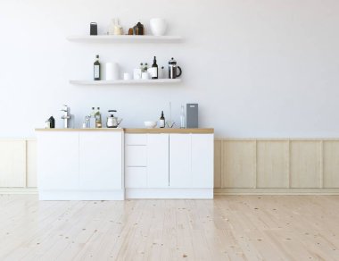 Beyaz minimalist mutfak odası. Ahşap zeminde yemek mobilyası var. İç kısımları kuzeyli. 3B illüstrasyon