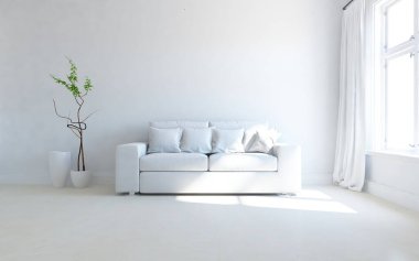 Beyaz minimalist oturma odasının içinde, ahşap zeminde kanepe var. İç kısımları kuzeyli. 3B illüstrasyon