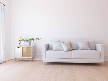 Beyaz minimalist oturma odasının içinde, ahşap zeminde kanepe var. İç kısımları kuzeyli. 3B illüstrasyon