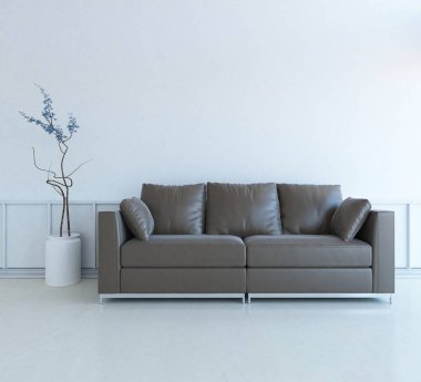 Minimalist bir oturma odası ve ahşap zeminde bir kanepe. İç kısımları kuzeyli. 3B illüstrasyon