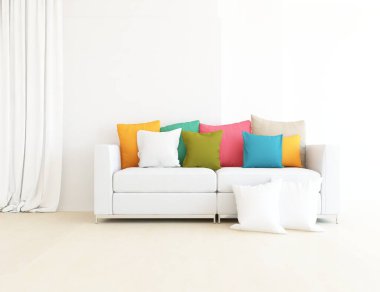 Beyaz minimalist oturma odasının içinde, ahşap zeminde kanepe var. İç kısımları kuzeyli. 3B illüstrasyon