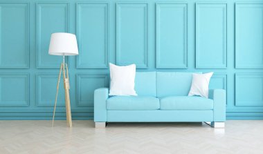 Mavi minimalist bir oturma odası ve ahşap zeminde bir kanepe. İç kısımları kuzeyli. 3B illüstrasyon