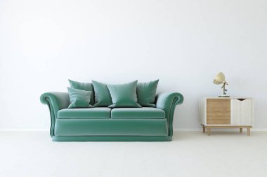 Minimalist bir oturma odası ve ahşap zeminde bir kanepe. İç kısımları kuzeyli. 3B illüstrasyon