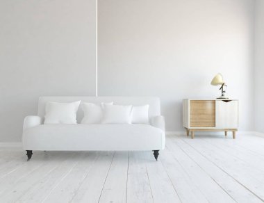 Beyaz minimalist oturma odasının içinde, ahşap zeminde kanepe var. İç kısımları kuzeyli. 3B illüstrasyon