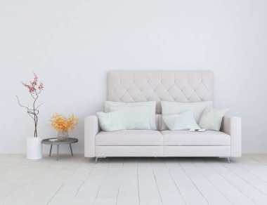 Beyaz minimalist oturma odasının içinde, ahşap zeminde kanepe var. İç kısımları kuzeyli. 3B illüstrasyon
