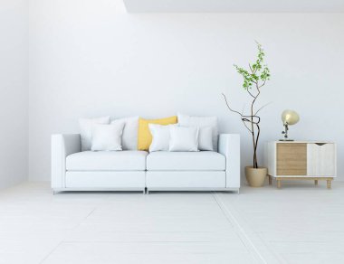 Beyaz minimalist oturma odasının içinde, ahşap zeminde kanepe var. İç kısımları kuzeyli. 3B illüstrasyon