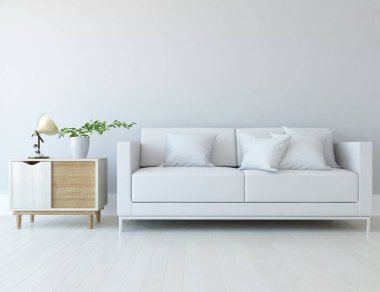 Beyaz minimalist oturma odasının içinde, ahşap zeminde kanepe var. İç kısımları kuzeyli. 3B illüstrasyon