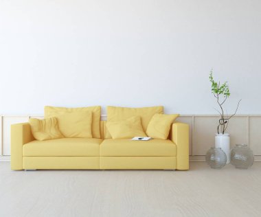 Minimalist bir oturma odası ve ahşap zeminde bir kanepe. İç kısımları kuzeyli. 3B illüstrasyon