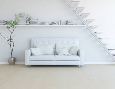 Beyaz minimalist oturma odasının içinde, ahşap zeminde kanepe var. İç kısımları kuzeyli. 3B illüstrasyon