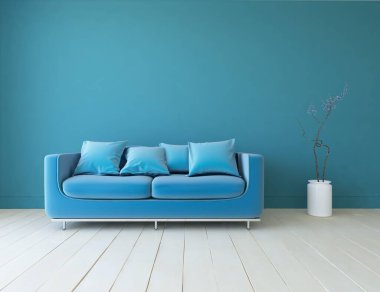 Mavi minimalist bir oturma odası ve ahşap zeminde bir kanepe. İç kısımları kuzeyli. 3B illüstrasyon