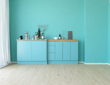 İskandinav odasının mutfağın içinde olması fikri. İç kısımları kuzeyli. 3B illüstrasyon 