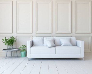 Beyaz minimalist oturma odasının içinde, ahşap zeminde kanepe var. İç kısımları kuzeyli. 3B illüstrasyon