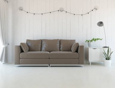 Minimalist bir oturma odası ve ahşap zeminde bir kanepe. İç kısımları kuzeyli. 3B illüstrasyon