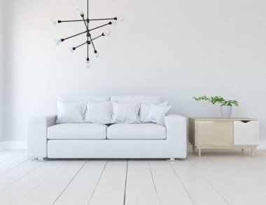 Beyaz minimalist oturma odasının içinde, ahşap zeminde kanepe var. İç kısımları kuzeyli. 3B illüstrasyon