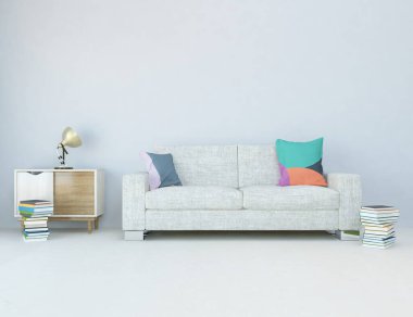 Beyaz minimalist oturma odasının içinde, ahşap zeminde kanepe var. İç kısımları kuzeyli. 3B illüstrasyon