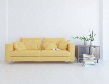 Beyaz minimalist oturma odasının içinde, ahşap zeminde kanepe var. İç kısımları kuzeyli. 3B illüstrasyon