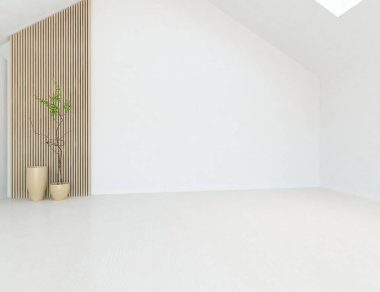 Dekoratif unsurlarla dolu boş bir İskandinav odası fikri. İç kısımları kuzeyli. 3B illüstrasyon 