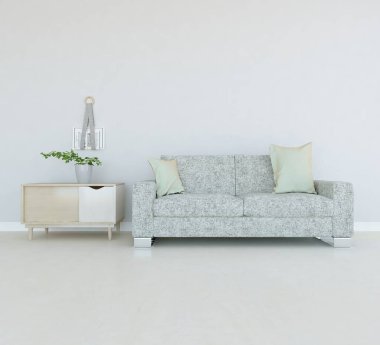 Beyaz minimalist oturma odasının içinde, ahşap zeminde kanepe var. İç kısımları kuzeyli. 3B illüstrasyon