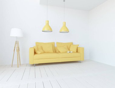 Beyaz minimalist oturma odasının içinde, ahşap zeminde kanepe var. İç kısımları kuzeyli. 3B illüstrasyon