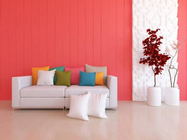 Pembe minimalist oturma odasının içinde ahşap bir zeminde kanepe var. İç kısımları kuzeyli. 3B illüstrasyon