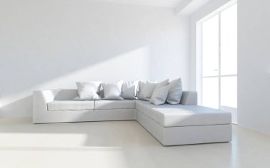 Beyaz minimalist oturma odasının içinde, ahşap zeminde kanepe var. İç kısımları kuzeyli. 3B illüstrasyon