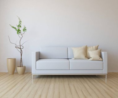 Beyaz minimalist oturma odasının içinde, ahşap zeminde kanepe var. İç kısımları kuzeyli. 3B illüstrasyon