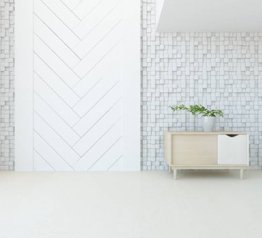 Dekoratif unsurlarla dolu boş bir İskandinav odası fikri. İç kısımları kuzeyli. 3B illüstrasyon 