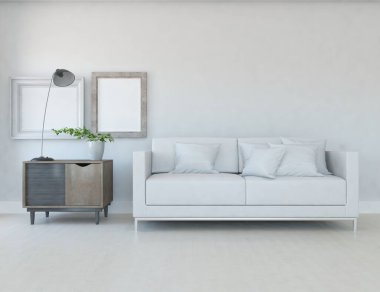 Beyaz minimalist oturma odasının içinde, ahşap zeminde kanepe var. İç kısımları kuzeyli. 3B illüstrasyon