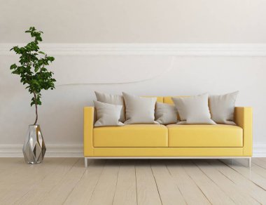 Minimalist bir oturma odası ve ahşap zeminde bir kanepe. İç kısımları kuzeyli. 3B illüstrasyon