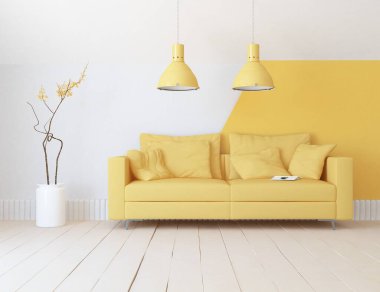 Minimalist bir oturma odası ve ahşap zeminde bir kanepe. İç kısımları kuzeyli. 3B illüstrasyon