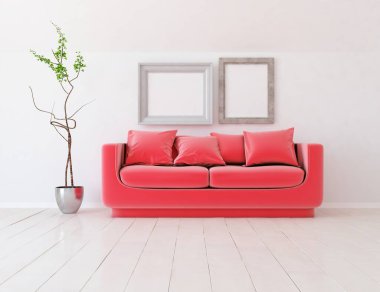 Minimalist bir oturma odası ve ahşap zeminde bir kanepe. İç kısımları kuzeyli. 3B illüstrasyon