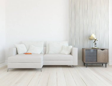 Beyaz minimalist oturma odasının içinde, ahşap zeminde kanepe var. İç kısımları kuzeyli. 3B illüstrasyon