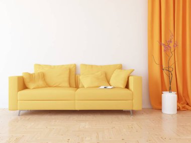 Minimalist bir oturma odası ve ahşap zeminde bir kanepe. İç kısımları kuzeyli. 3B illüstrasyon