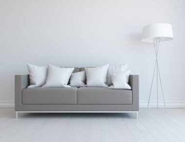 Beyaz minimalist oturma odasının içinde, ahşap zeminde kanepe var. İç kısımları kuzeyli. 3B illüstrasyon