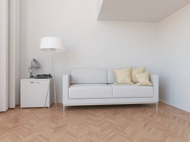 Beyaz minimalist oturma odasının içinde, ahşap zeminde kanepe var. İç kısımları kuzeyli. 3B illüstrasyon