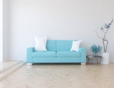 Beyaz minimalist oturma odasının içinde, ahşap zeminde kanepe var. İç kısımları kuzeyli. 3B illüstrasyon