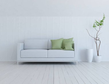 Beyaz minimalist oturma odasının içinde, ahşap zeminde kanepe var. İç kısımları kuzeyli. 3B illüstrasyon