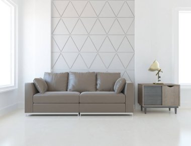 Minimalist bir oturma odası ve ahşap zeminde bir kanepe. İç kısımları kuzeyli. 3B illüstrasyon