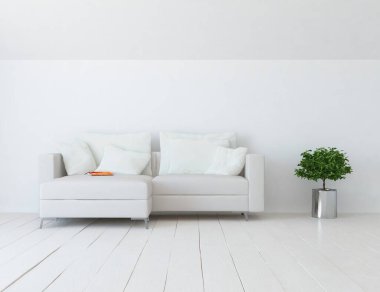 Beyaz minimalist oturma odasının içinde, ahşap zeminde kanepe var. İç kısımları kuzeyli. 3B illüstrasyon